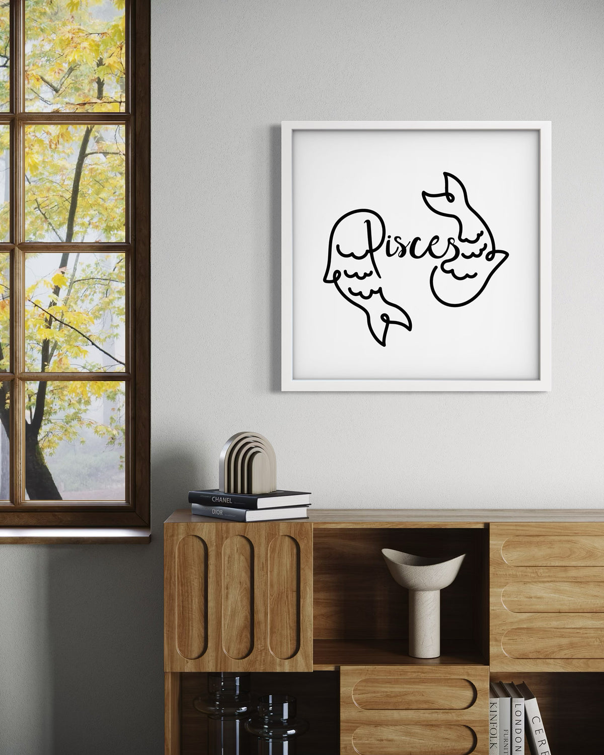 Pisces Line Drawing framed art print displayed in a second styled room setting