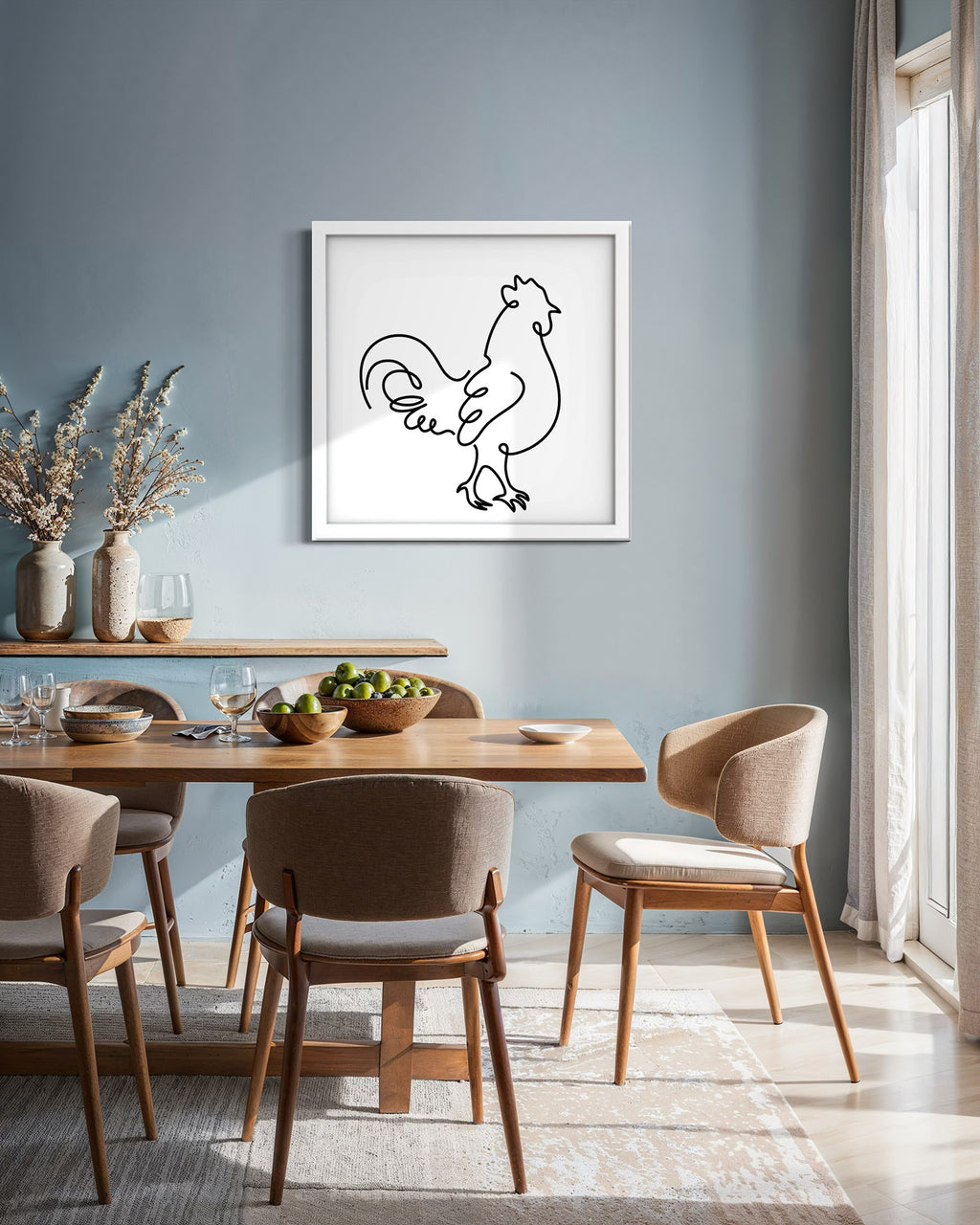 Rooster framed art print displayed in a styled room setting