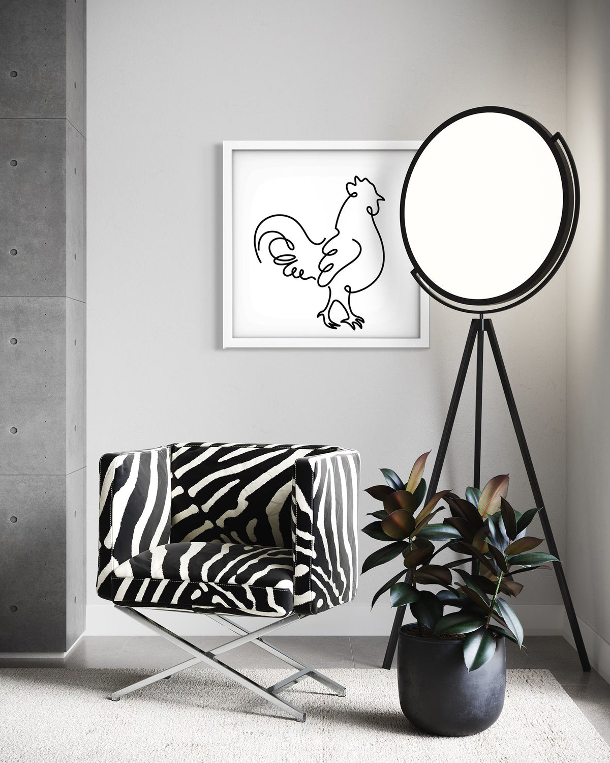 Rooster framed art print displayed in a second styled room setting