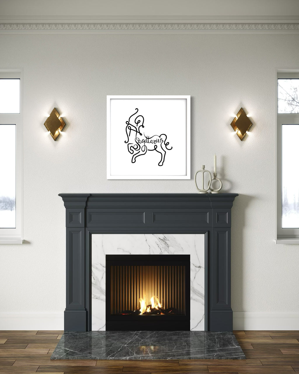 Sagittarius Line Drawing framed art print displayed in a second styled room setting