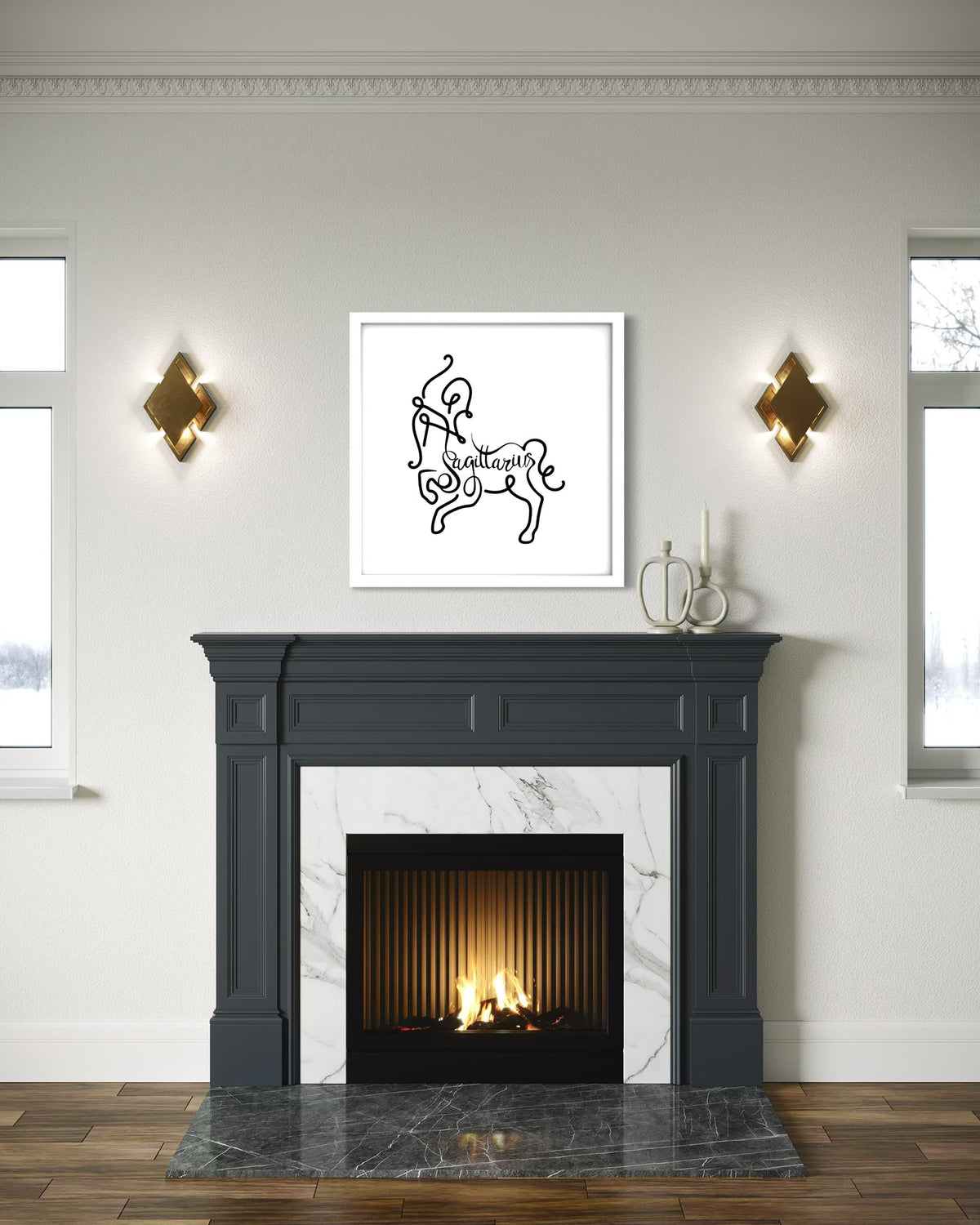 Sagittarius Line Drawing framed art print displayed in a second styled room setting