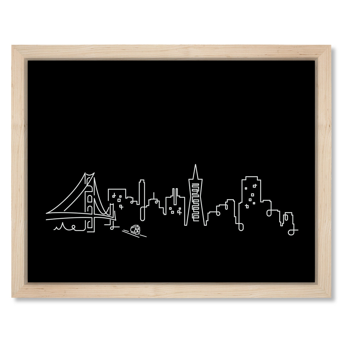 San Francisco Skyline Night art print mockup in a black frame