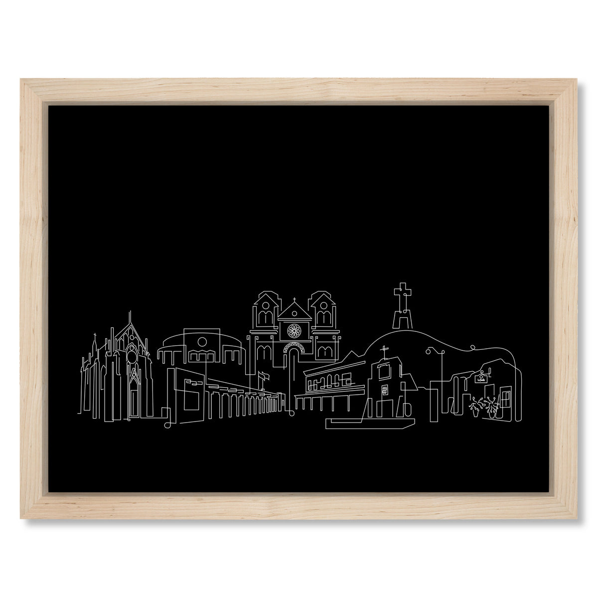 Santa Fe Skyline Night art print mockup in a black frame