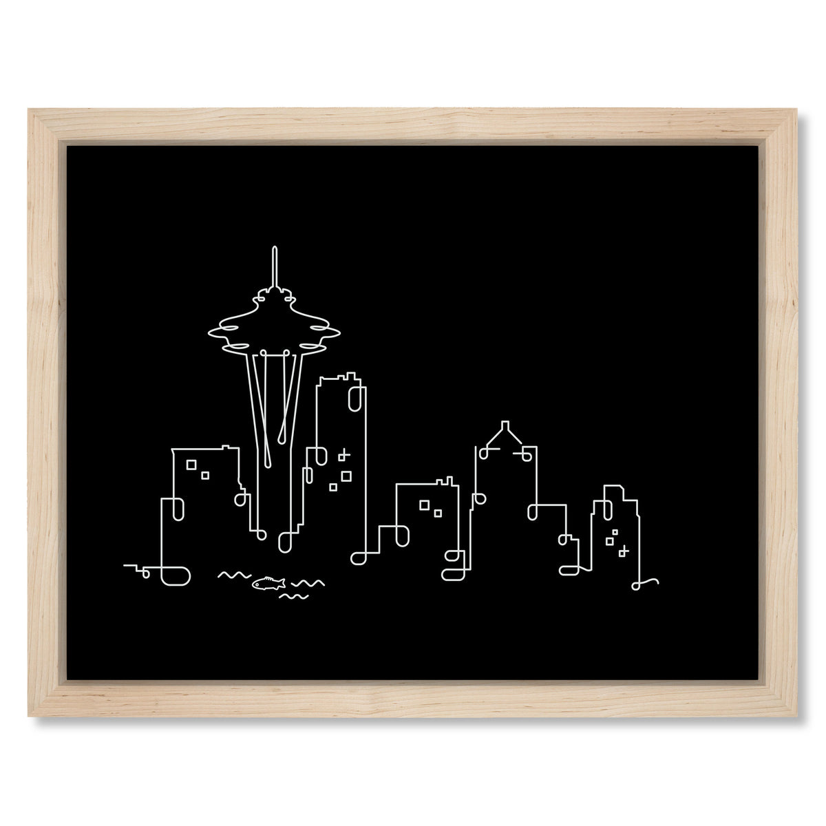 Seattle Skyline Night art print mockup in a black frame