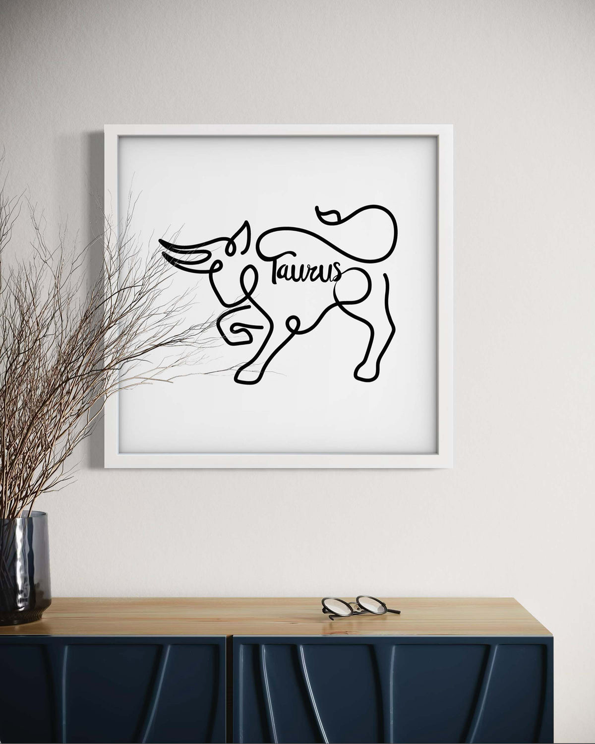 Taurus Line Drawing framed art print displayed in a styled room setting