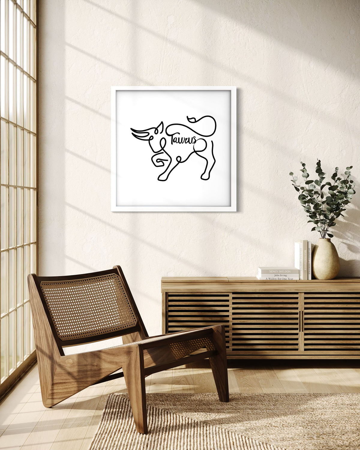 Taurus Line Drawing framed art print displayed in a second styled room setting