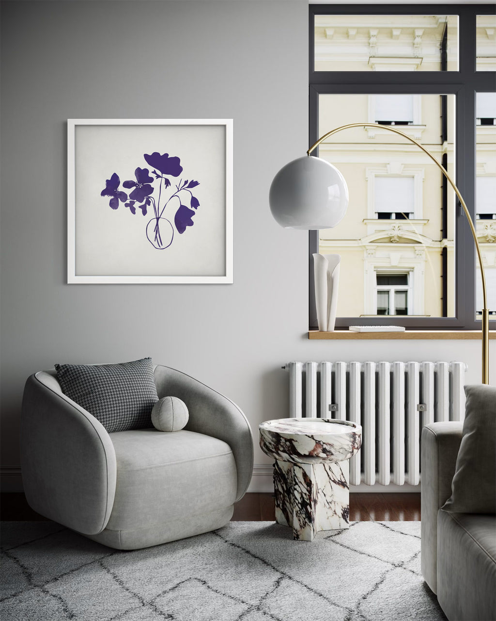 Violet Bouquet framed art print displayed in a styled room setting