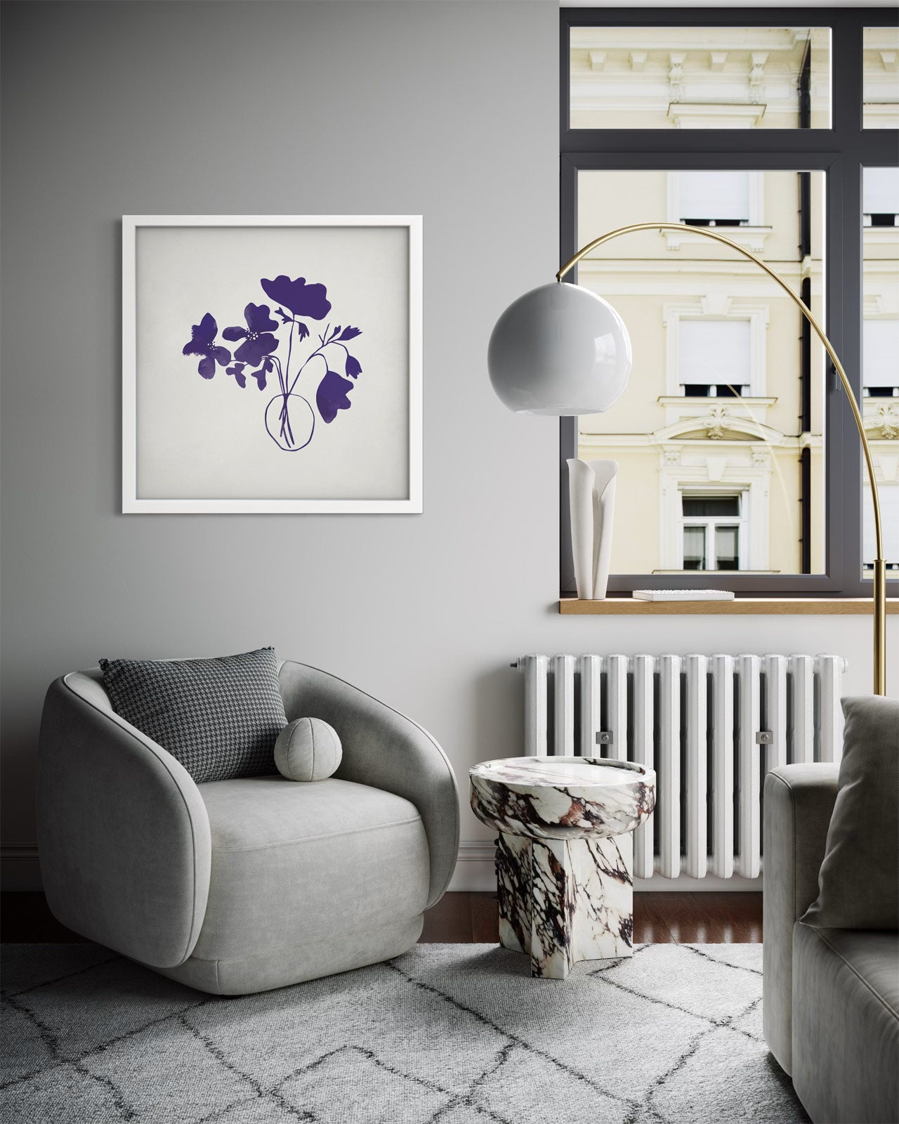 Violet Bouquet framed art print displayed in a styled room setting