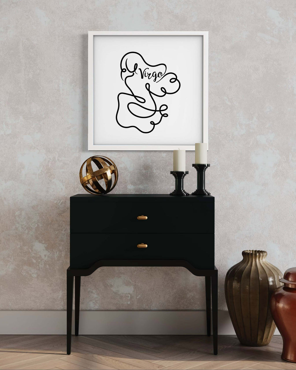 Virgo Line Drawing framed art print displayed in a styled room setting
