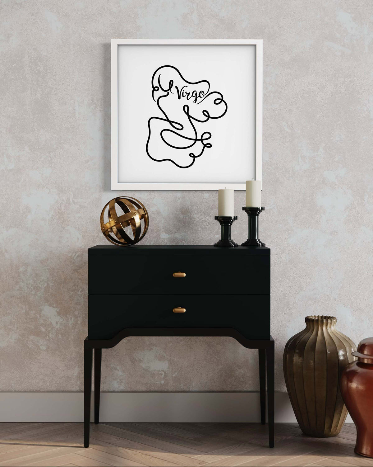 Virgo Line Drawing framed art print displayed in a styled room setting