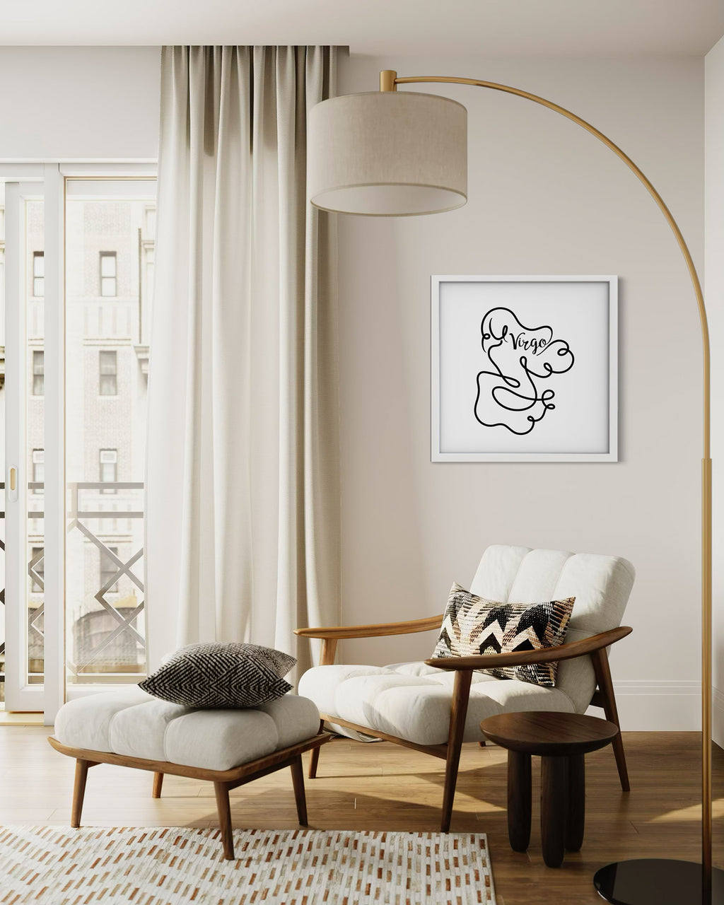 Virgo Line Drawing framed art print displayed in a second styled room setting
