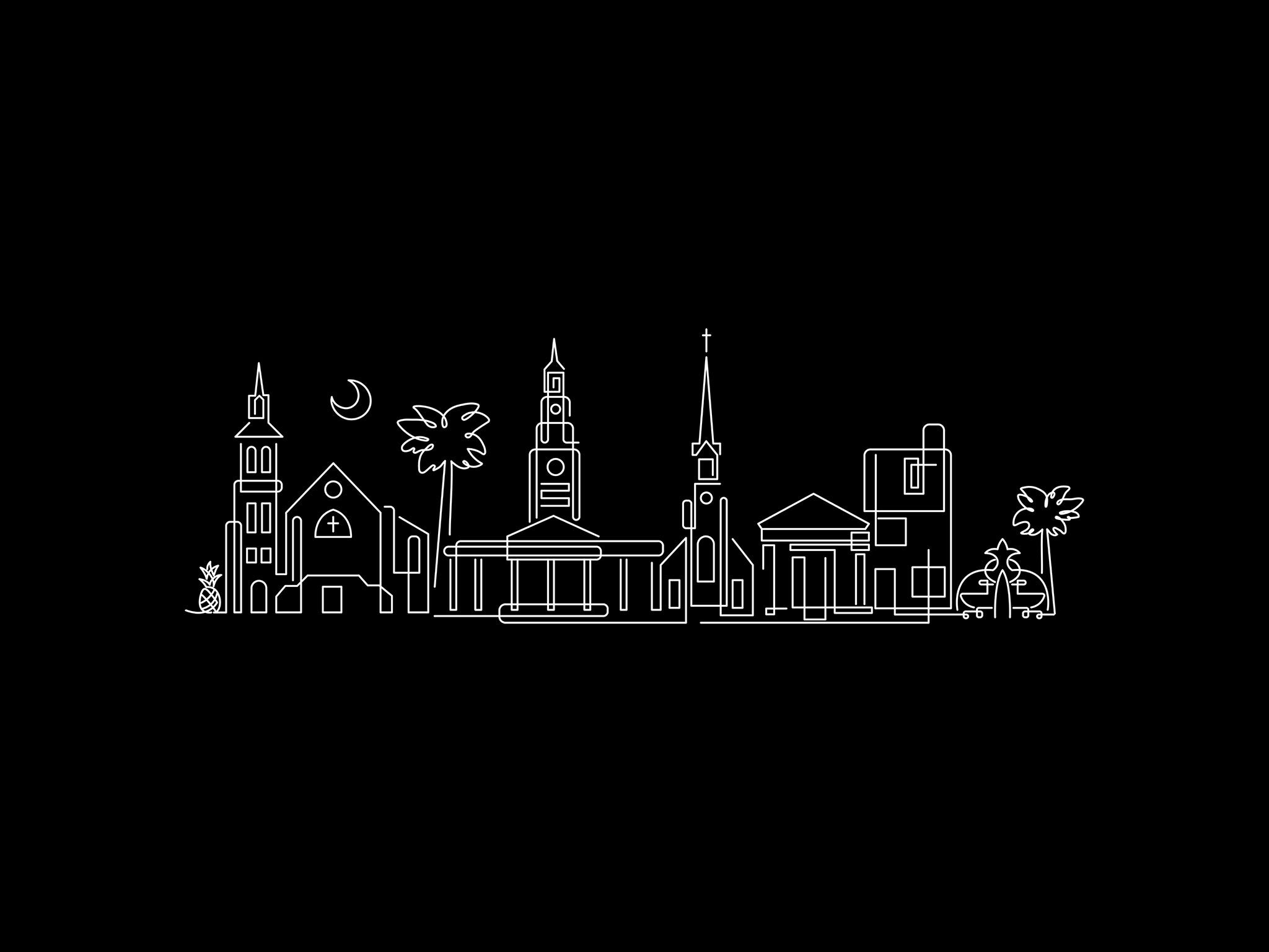 Charleston Skyline Night line art illustration, digital download wall art