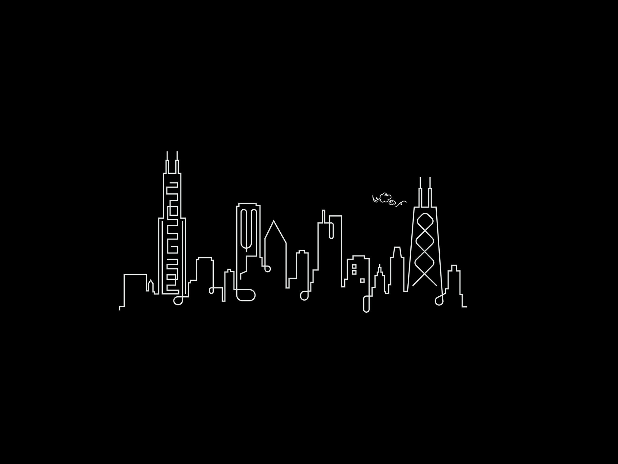 Chicago Skyline Night line art illustration, digital download wall art