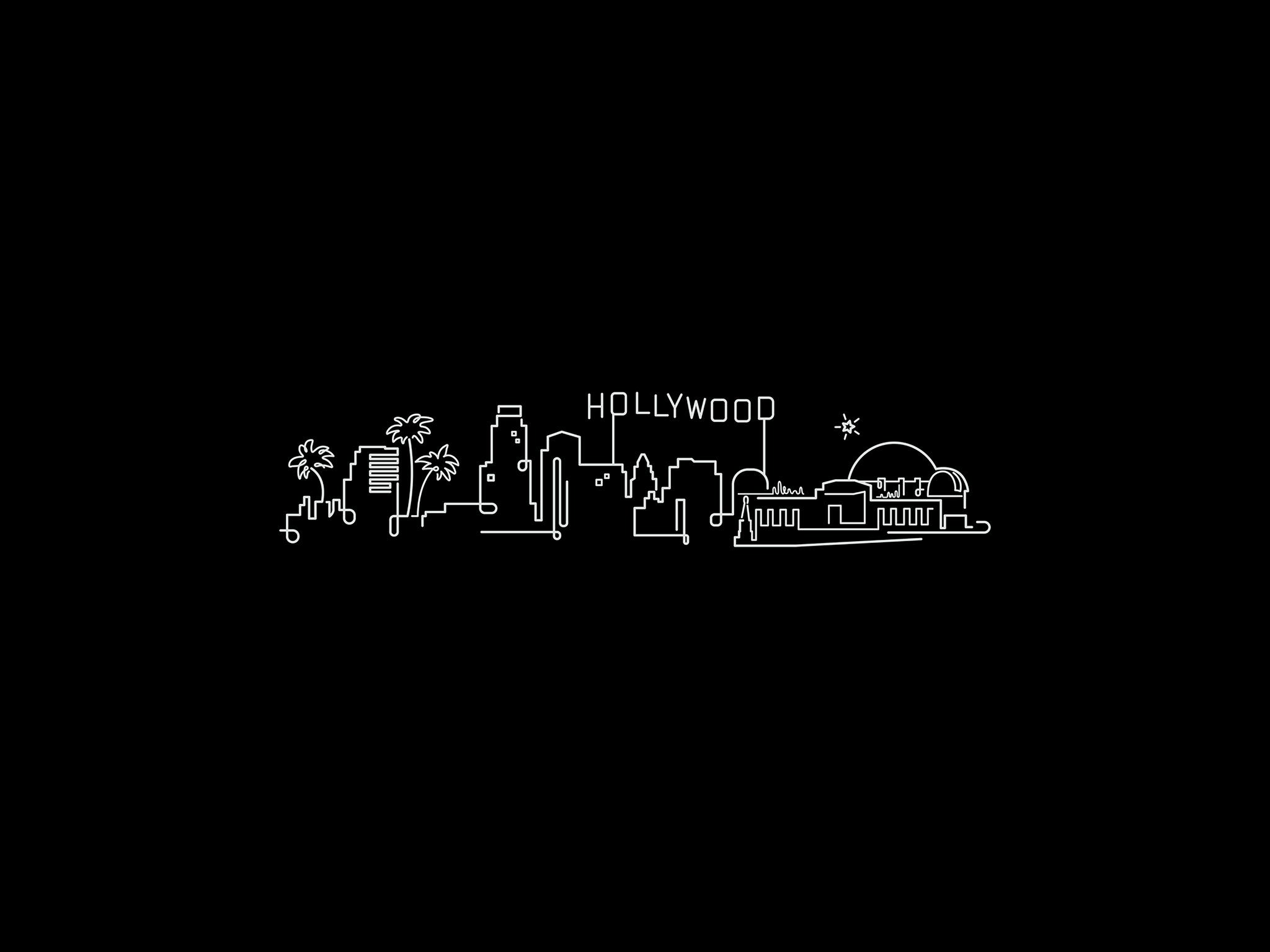 Hollywood Skyline Night line art illustration, digital download wall art